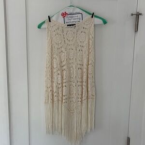 Boho Crochet Fringe Poncho in Cream